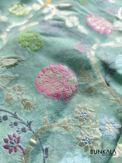 Pastel Bluish Green Multi Meenakari Floral Jaal Handloom Banarasi Pure Georgette Saree