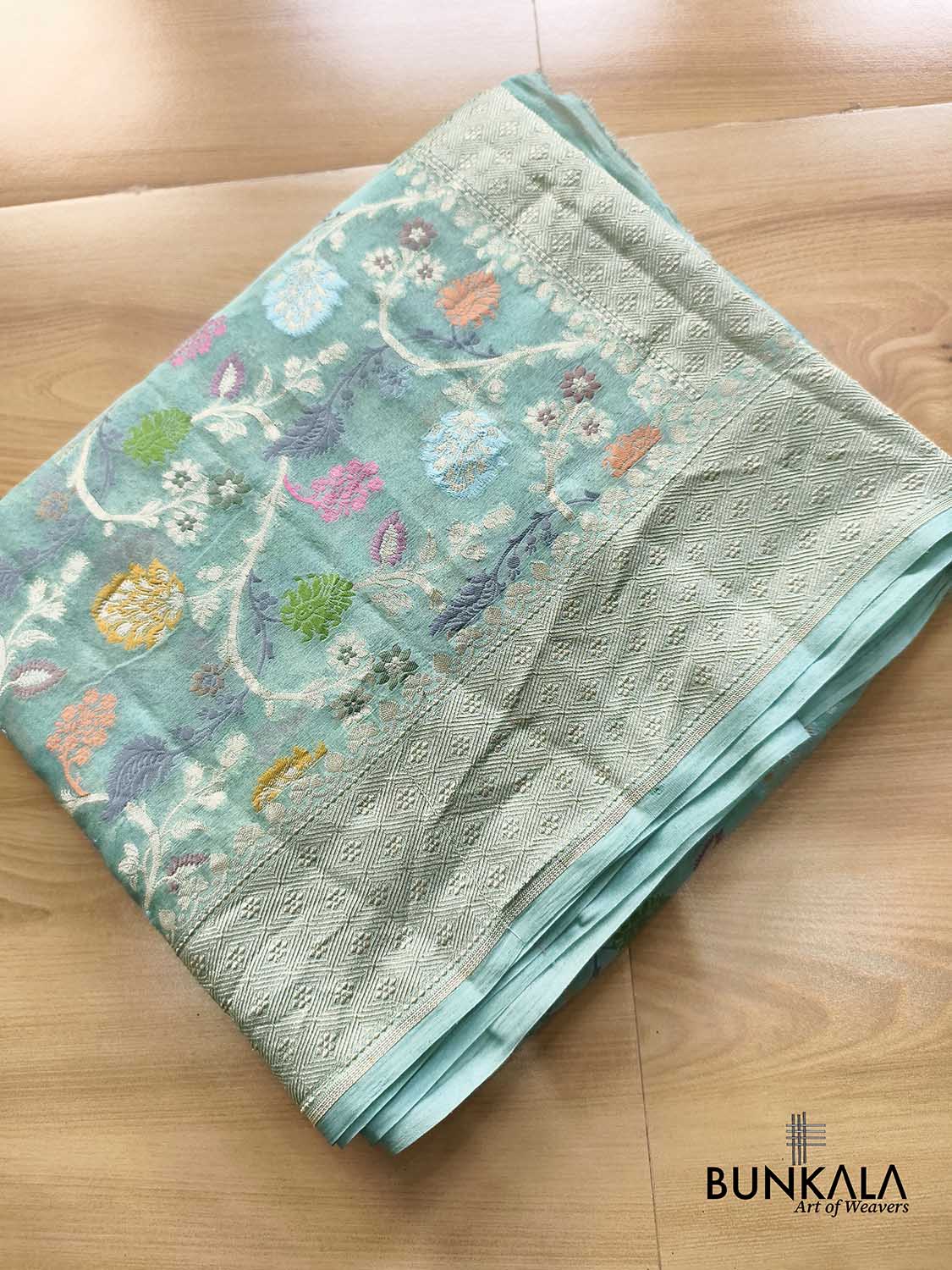 Pastel Bluish Green Multi Meenakari Floral Jaal Handloom Banarasi Pure Georgette Saree