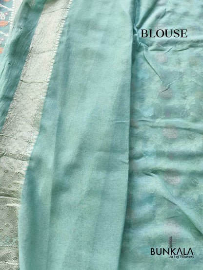 Pastel Bluish Green Multi Meenakari Floral Jaal Handloom Banarasi Pure Georgette Saree
