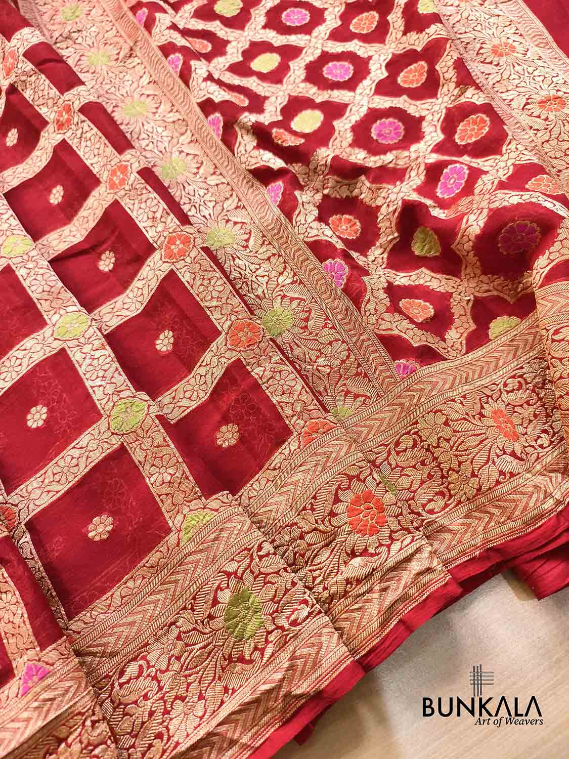 Rust Red Gharchola Meenakari Handloom Banarasi Pure Georgette Saree 