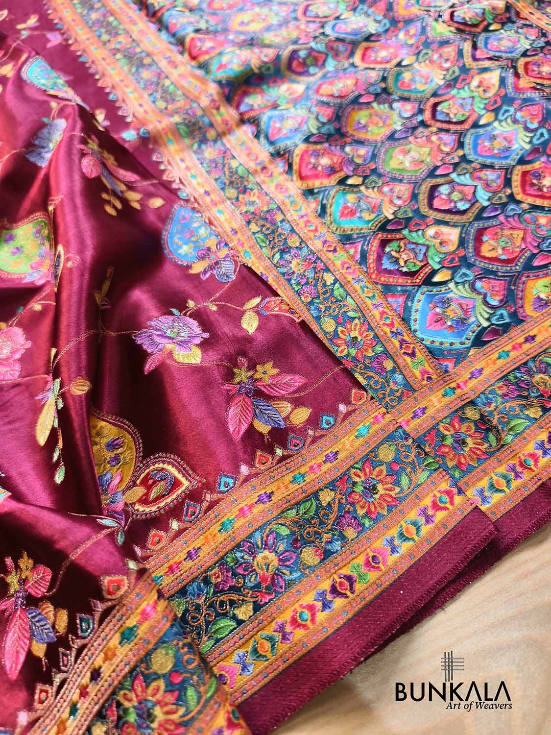 Wine Banarasi Kani Work Pattern Multicolor Floral Jaal Mashru Silk Saree