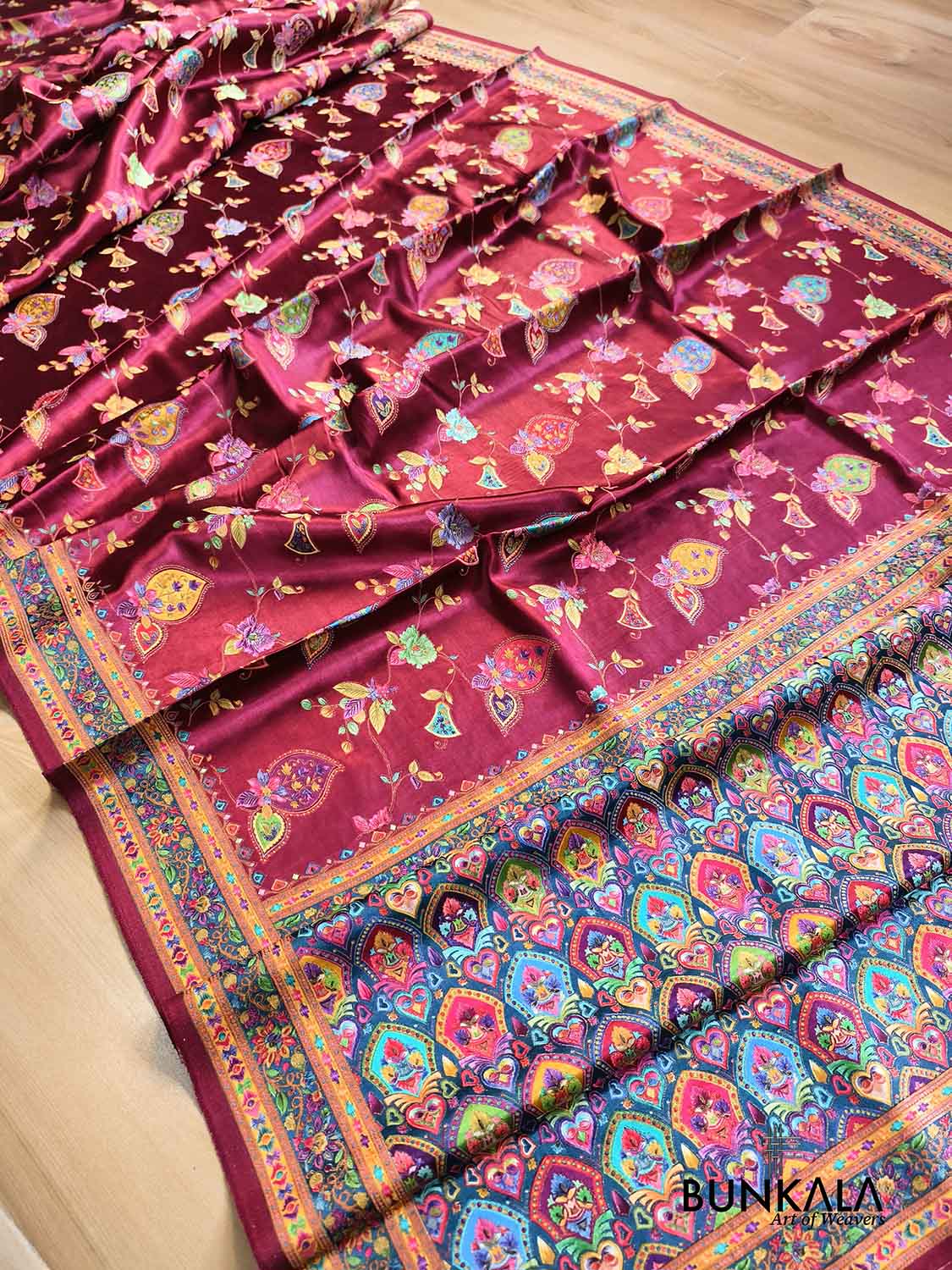 Wine Banarasi Kani Work Pattern Multicolor Floral Jaal Mashru Silk Saree