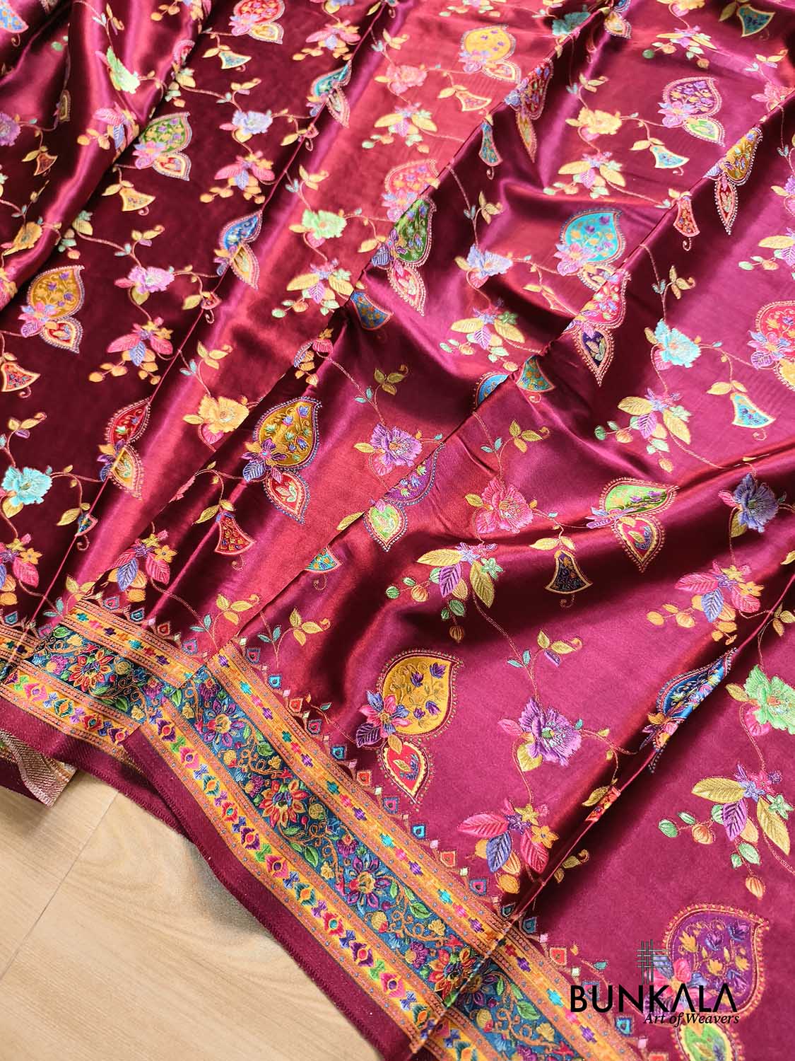 Wine Banarasi Kani Work Pattern Multicolor Floral Jaal Mashru Silk Saree