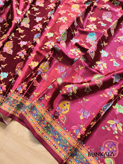 Wine Banarasi Kani Work Pattern Multicolor Floral Jaal Mashru Silk Saree