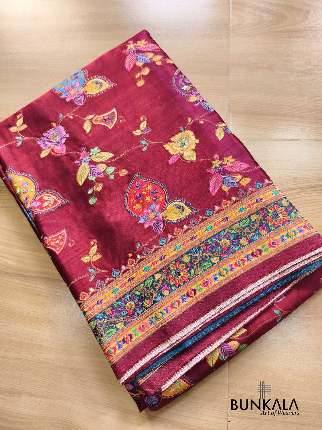 Wine Banarasi Kani Work Pattern Multicolor Floral Jaal Mashru Silk Saree