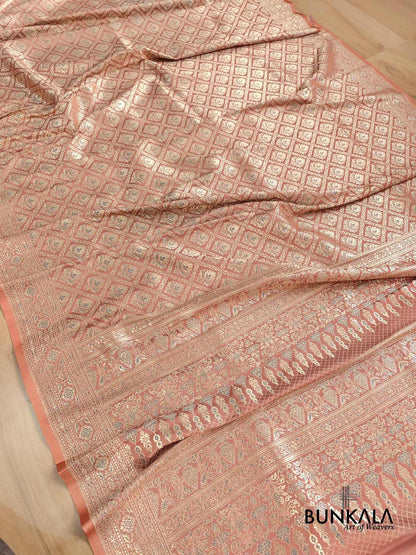 Glimmering Peach Meenakari Brocade Mashru Silk Banarasi Saree