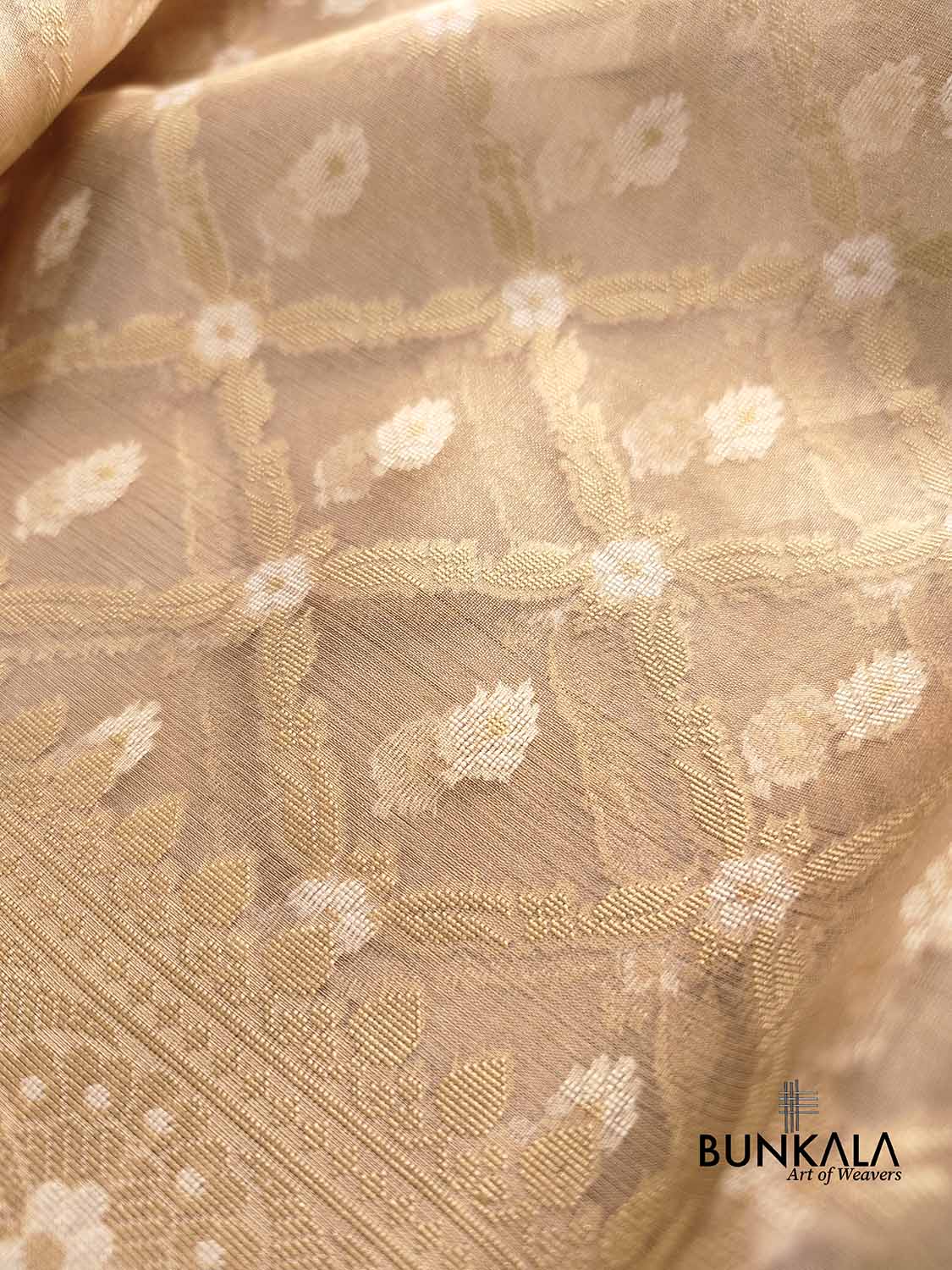 Golden Tissue Silk Jaal Design Resham Handweaved Banarasi Saree