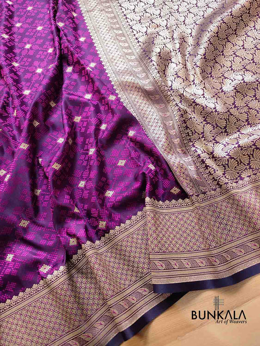 Bright Purple Mashru Silk Patola Design Jamewar Weaved Allover Small Buti Banarasi Saree