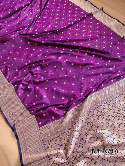 Bright Purple Mashru Silk Patola Design Jamewar Weaved Allover Small Buti Banarasi Saree