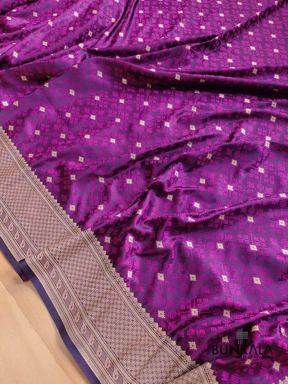 Bright Purple Mashru Silk Patola Design Jamewar Weaved Allover Small Buti Banarasi Saree