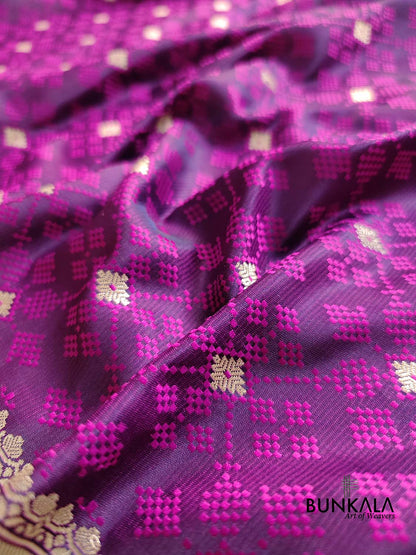 Bright Purple Mashru Silk Patola Design Jamewar Weaved Allover Small Buti Banarasi Saree