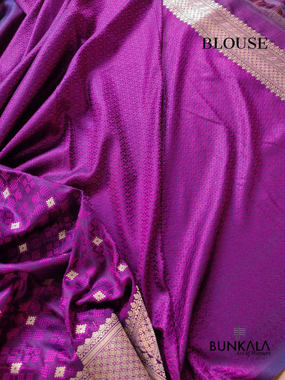 Bright Purple Mashru Silk Patola Design Jamewar Weaved Allover Small Buti Banarasi Saree
