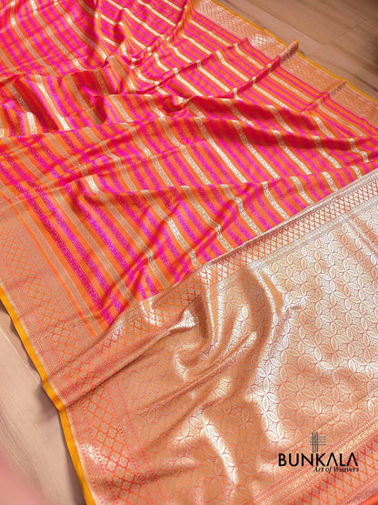 Pink and Orange Two Tone Color Mashru Silk Striped Design Jamewar Weaved Banarasi Saree