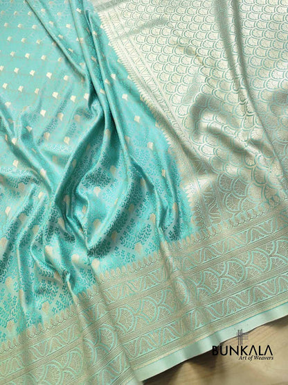 Light Blue Mashru Silk Jamewar Weaved Allover Small Buti Banarasi Saree