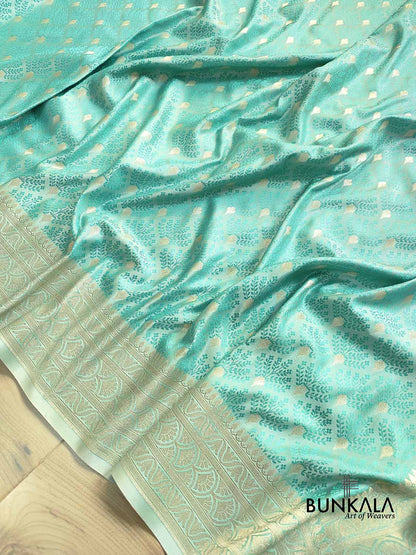 Light Blue Mashru Silk Jamewar Weaved Allover Small Buti Banarasi Saree