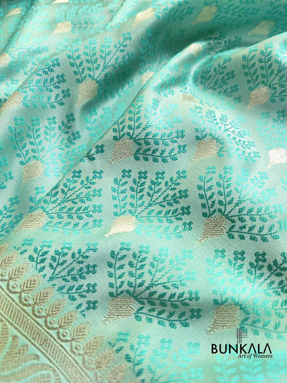 Light Blue Mashru Silk Jamewar Weaved Allover Small Buti Banarasi Saree