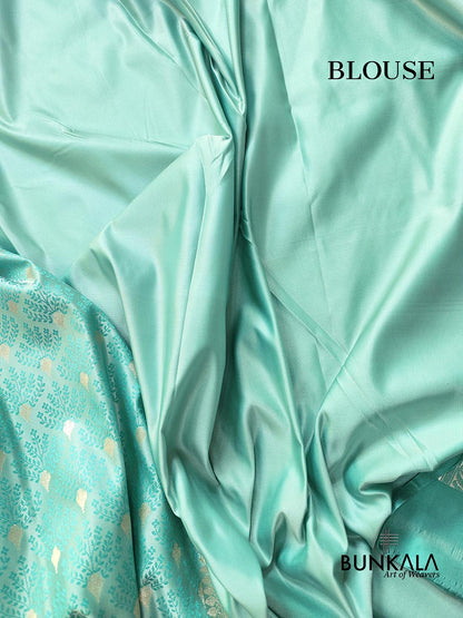 Light Blue Mashru Silk Jamewar Weaved Allover Small Buti Banarasi Saree