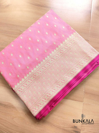 Light Pink Mashru Silk Leaf Design Jamewar Weaved Allover Small Buti Banarasi Saree