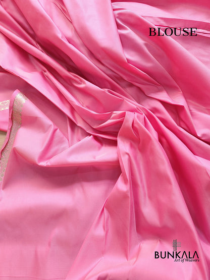 Light Pink Mashru Silk Leaf Design Jamewar Weaved Allover Small Buti Banarasi Saree