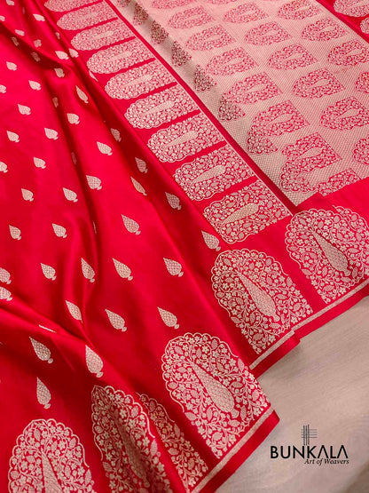 Red Jharoka Border Handloom Banarasi Pure Mashru Silk Saree