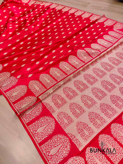 Red Jharoka Border Handloom Banarasi Pure Mashru Silk Saree
