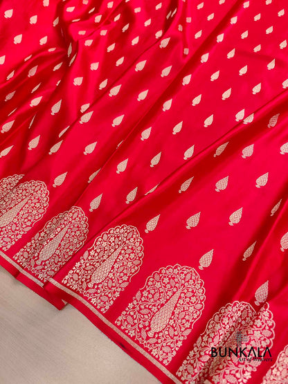 Red Jharoka Border Handloom Banarasi Pure Mashru Silk Saree
