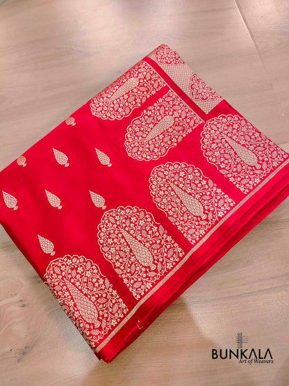 Red Jharoka Border Handloom Banarasi Pure Mashru Silk Saree