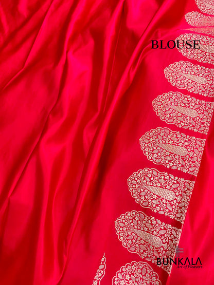 Red Jharoka Border Handloom Banarasi Pure Mashru Silk Saree