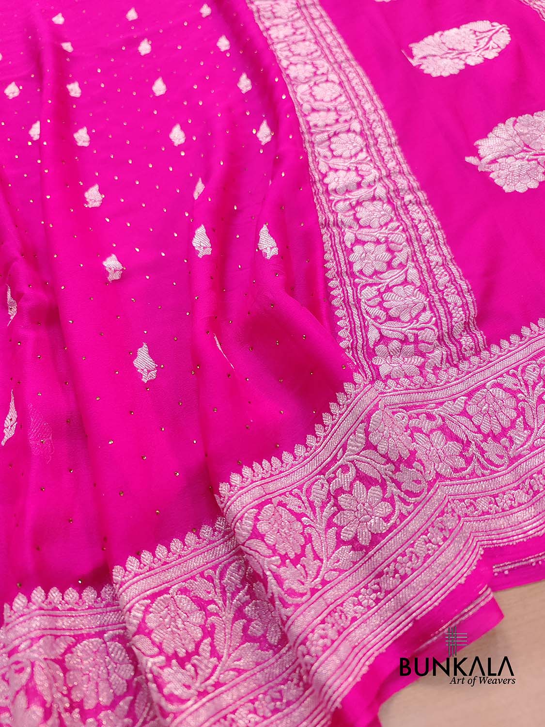Siroski Hot Pink Allover Silver Zari Buti Handloom Banarasi Pure Khaddi Chiffon Saree