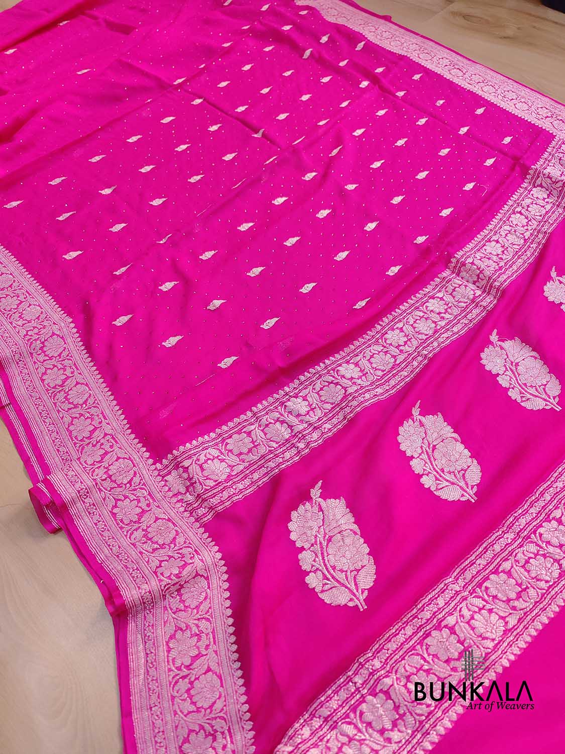 Siroski Hot Pink Allover Silver Zari Buti Handloom Banarasi Pure Khaddi Chiffon Saree