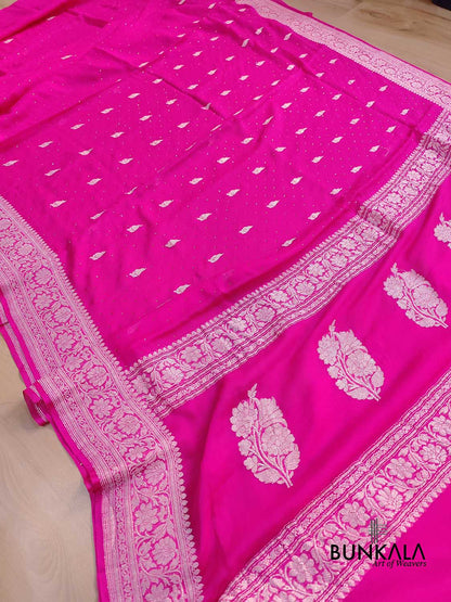 Siroski Hot Pink Allover Silver Zari Buti Handloom Banarasi Pure Khaddi Chiffon Saree