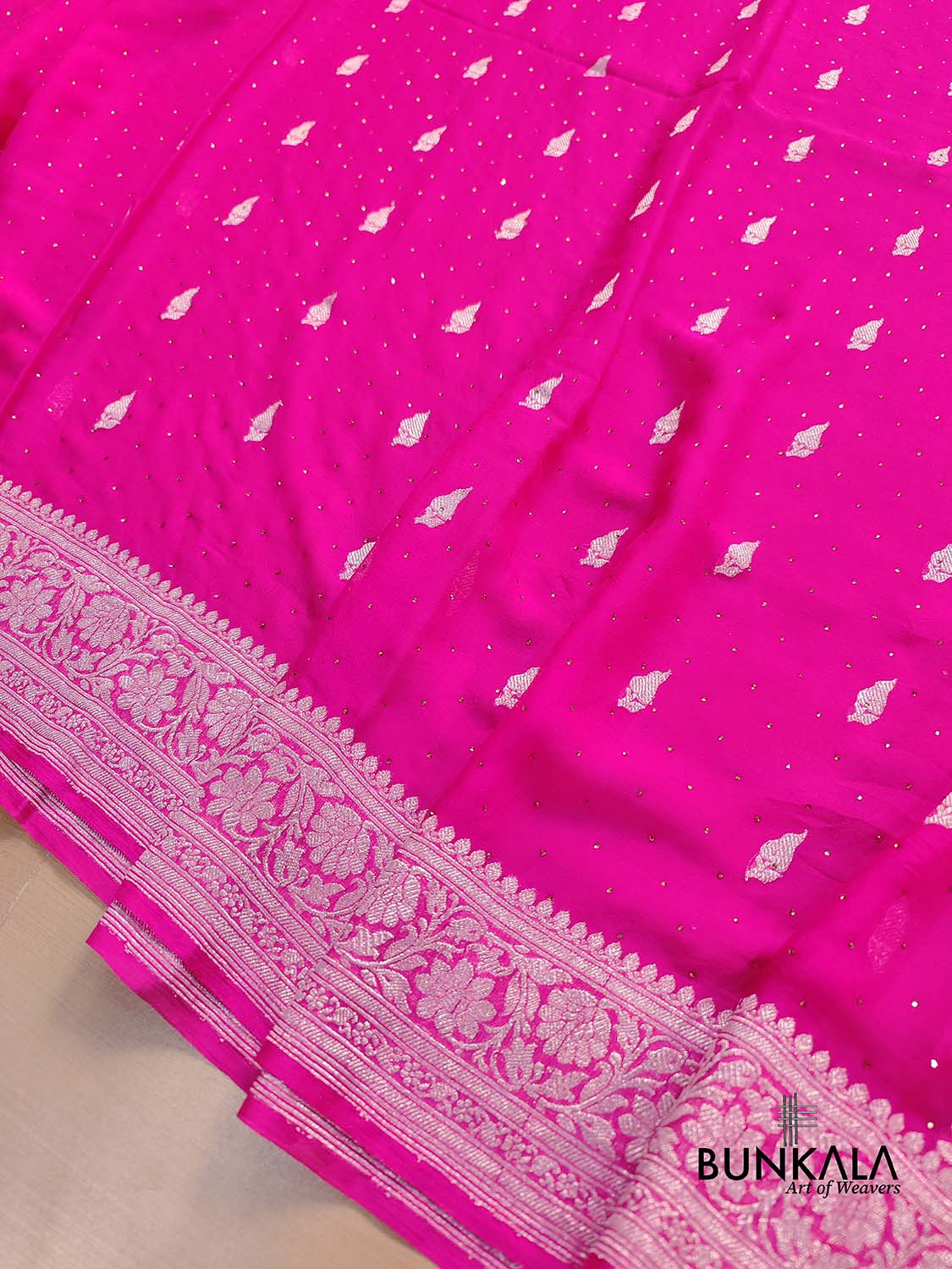 Siroski Hot Pink Allover Silver Zari Buti Handloom Banarasi Pure Khaddi Chiffon Saree
