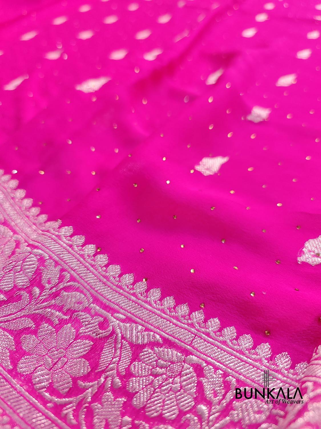 Siroski Hot Pink Allover Silver Zari Buti Handloom Banarasi Pure Khaddi Chiffon Saree