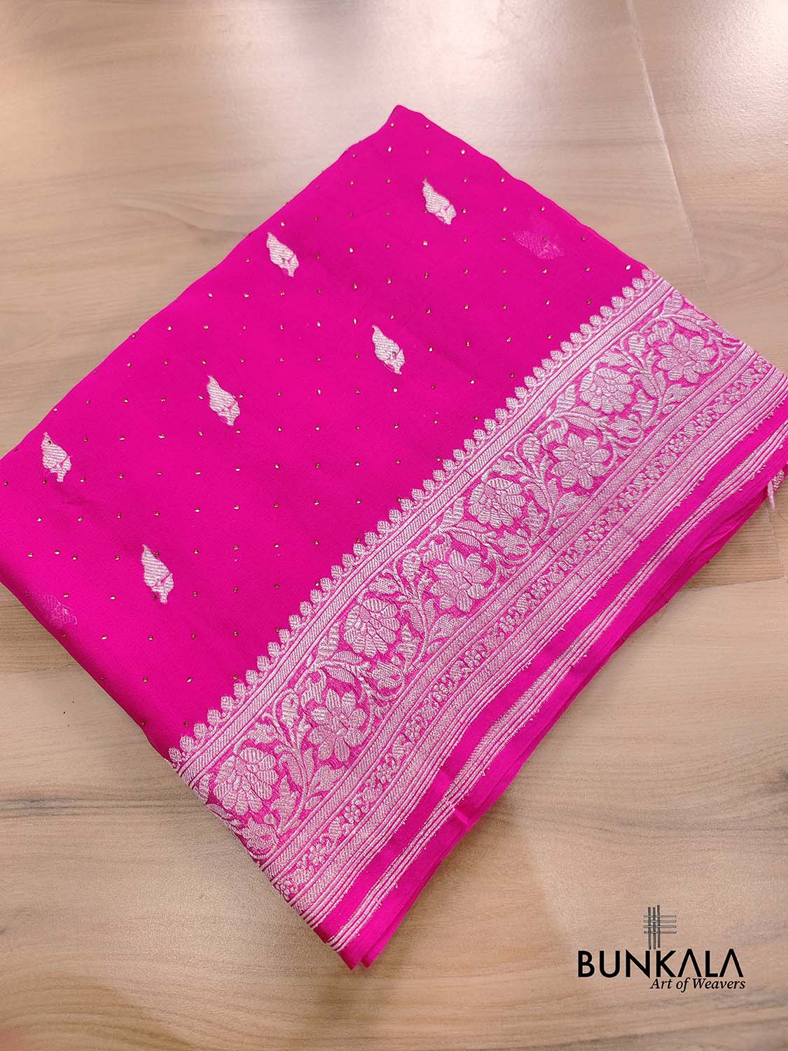 Siroski Hot Pink Allover Silver Zari Buti Handloom Banarasi Pure Khaddi Chiffon Saree