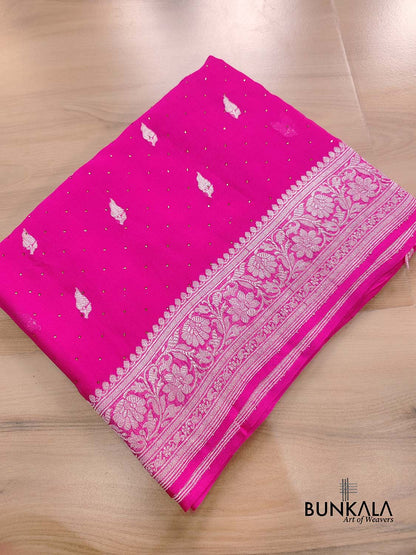 Siroski Hot Pink Allover Silver Zari Buti Handloom Banarasi Pure Khaddi Chiffon Saree