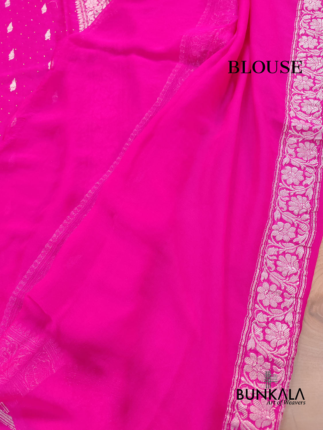 Siroski Hot Pink Allover Silver Zari Buti Handloom Banarasi Pure Khaddi Chiffon Saree