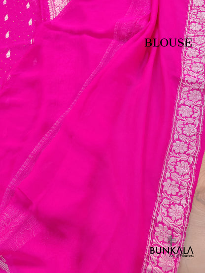Siroski Hot Pink Allover Silver Zari Buti Handloom Banarasi Pure Khaddi Chiffon Saree