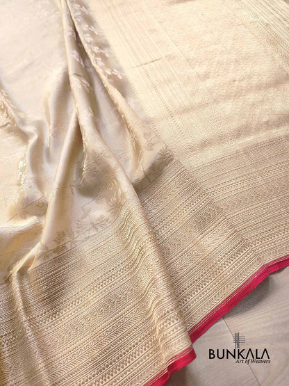 Beige Floral Jaal Ektara Jamewar Hand Weaved Banarasi Pure Mashru Tissue Silk Saree