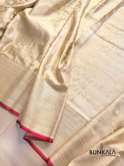 Beige Floral Jaal Ektara Jamewar Hand Weaved Banarasi Pure Mashru Tissue Silk Saree