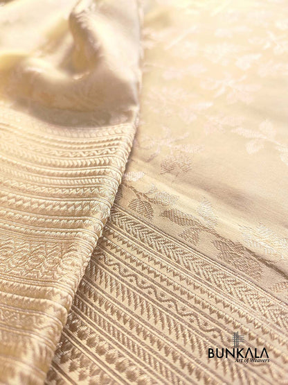 Beige Floral Jaal Ektara Jamewar Hand Weaved Banarasi Pure Mashru Tissue Silk Saree
