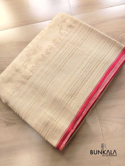 Beige Floral Jaal Ektara Jamewar Hand Weaved Banarasi Pure Mashru Tissue Silk Saree
