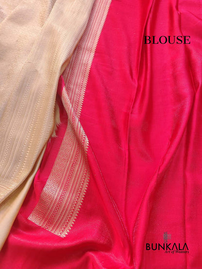 Beige Floral Jaal Ektara Jamewar Hand Weaved Banarasi Pure Mashru Tissue Silk Saree