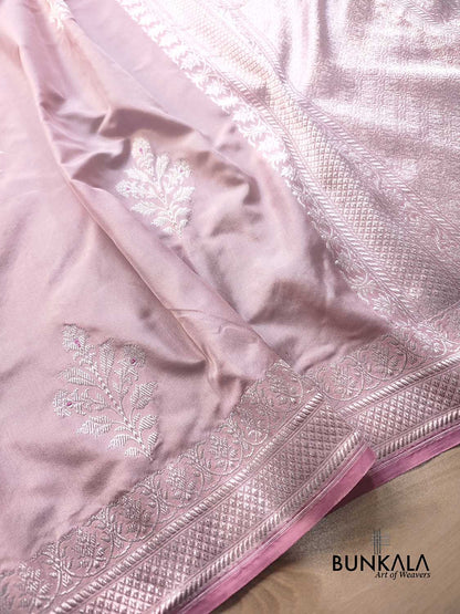 Pastel Pink Silver Zari Ektara Kadwa Hand Weaved Buta Banarasi Pure Katan Silk Saree