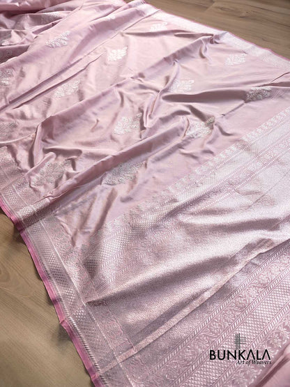 Pastel Pink Silver Zari Ektara Kadwa Hand Weaved Buta Banarasi Pure Katan Silk Saree