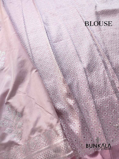Pastel Pink Silver Zari Ektara Kadwa Hand Weaved Buta Banarasi Pure Katan Silk Saree