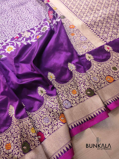 Purple Modern Design Meenakari Kadwa Hand Weaved Banarasi Pure Katan Silk Saree