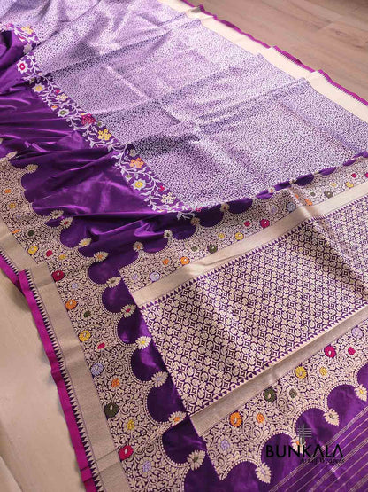 Purple Modern Design Meenakari Kadwa Hand Weaved Banarasi Pure Katan Silk Saree