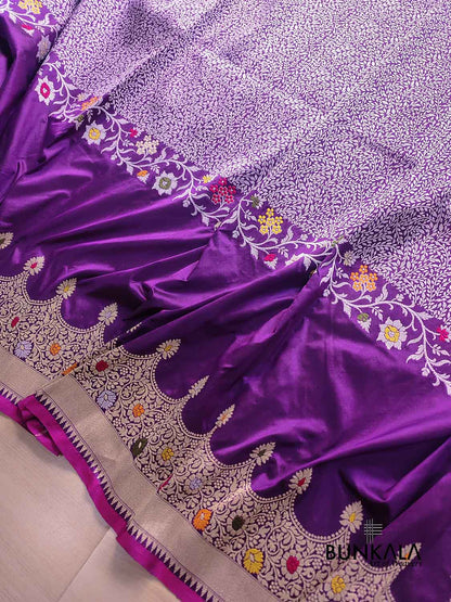 Purple Modern Design Meenakari Kadwa Hand Weaved Banarasi Pure Katan Silk Saree