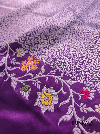 Purple Modern Design Meenakari Kadwa Hand Weaved Banarasi Pure Katan Silk Saree
