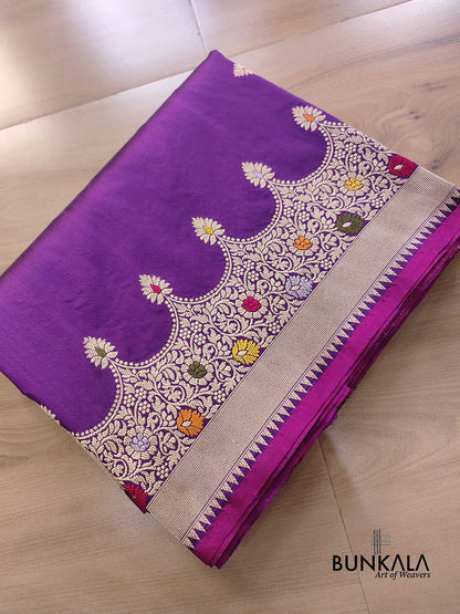 Purple Modern Design Meenakari Kadwa Hand Weaved Banarasi Pure Katan Silk Saree